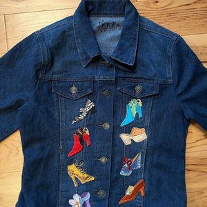 NWOT Womens Revolt Brand Jean Jacket, Small, With Shoe Patches & Appliques